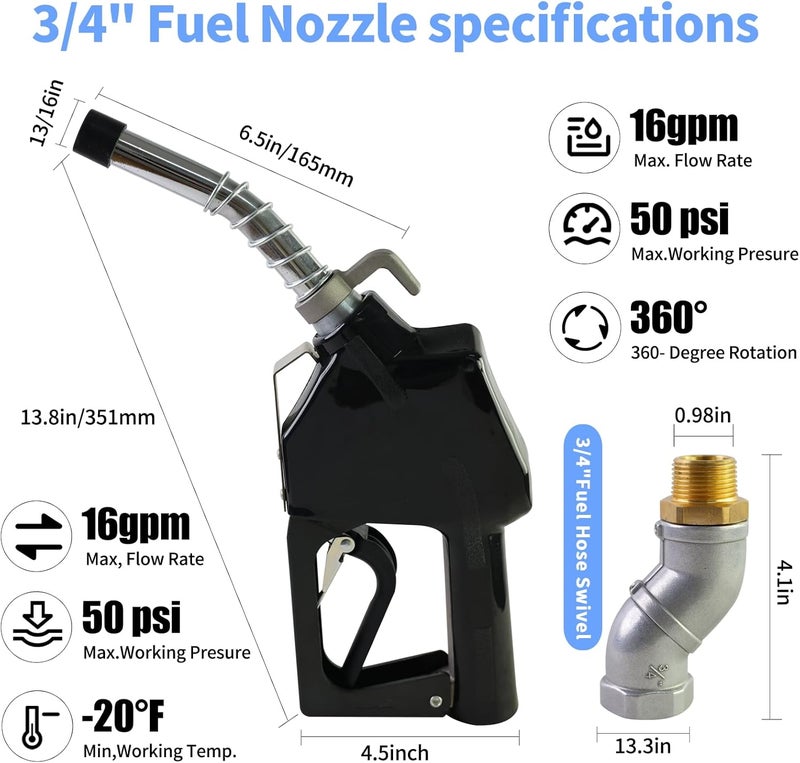 PANCYCW 3/4"Inch NPT Auto Shut Off Black Fuel Nozzle Kit,Fuel Transfer Pump Nozzle W/360° Hose Swivel,13/16" Spout, 3 Gear Padlock,16 GPM for Gasoline, Diesel, Biodiesel up to B20, E15 & Kerosene - Image 2